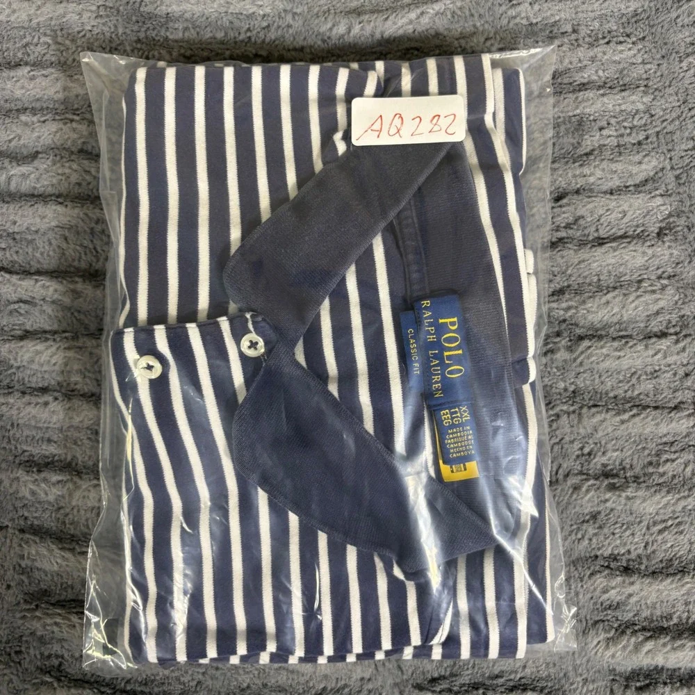 Polo Ralph Lauren Mens XXL Classic Fit Navy Blue White Striped Short Sleeve Polo